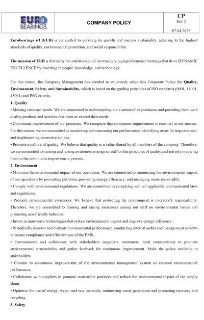 Eurobearings Official Company Policy - Quality, Environment, and Safety Standards