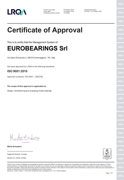 Certificat de Système de Management de la Qualité ISO 9001:2015 Eurobearings