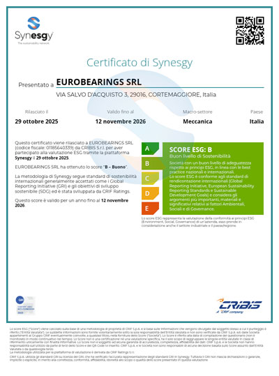 Certificat de durabilité ESG et notation de la chaîne d'approvisionnement Synesgy Eurobearings