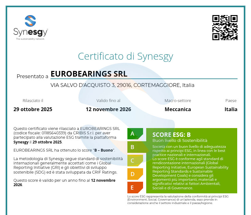Eurobearings CRIBIS Synesgy ESG Certificate B-Good Score